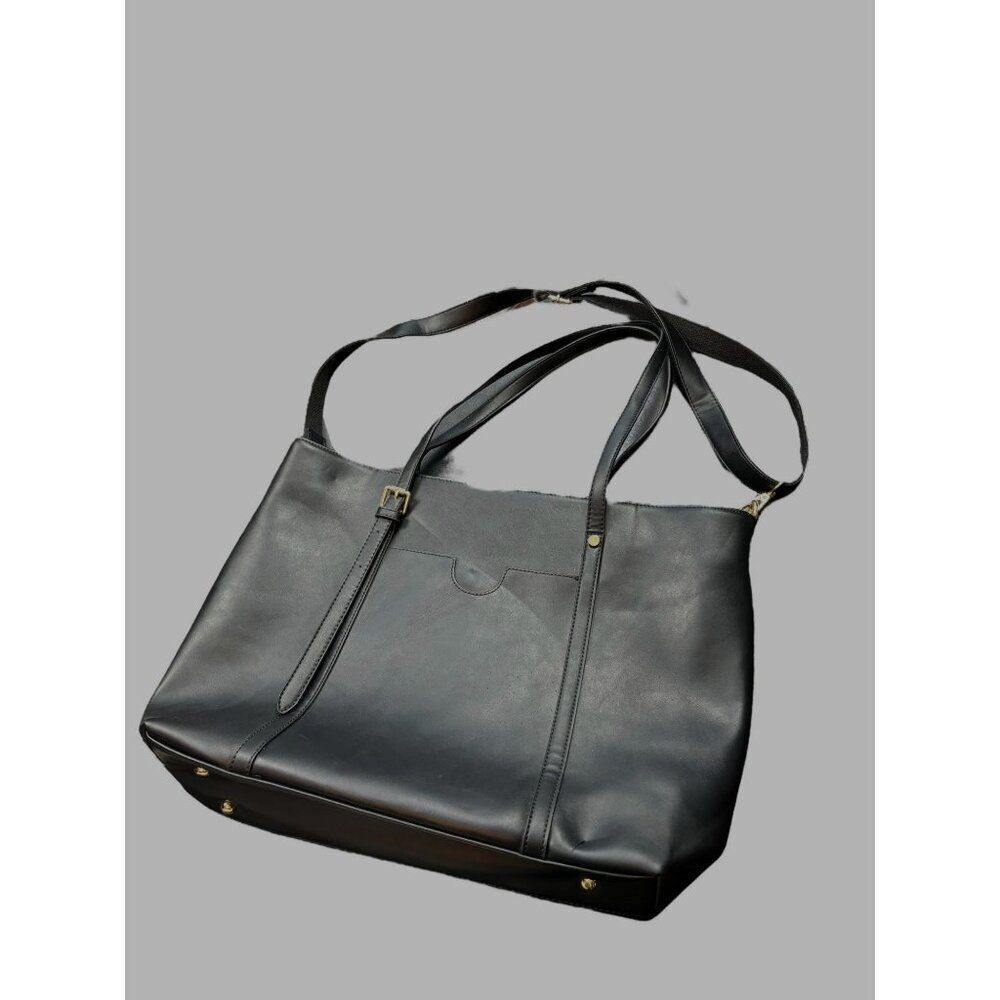 Women's Black Faux Leather Tote Bag With Multiple Compartments & Adjustable Stra